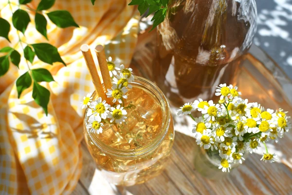 chamomile iced tea in a mason jar