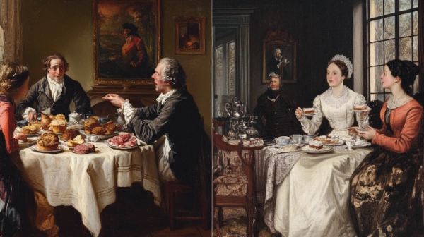 two scenes depicting afternoon tea vs high tea