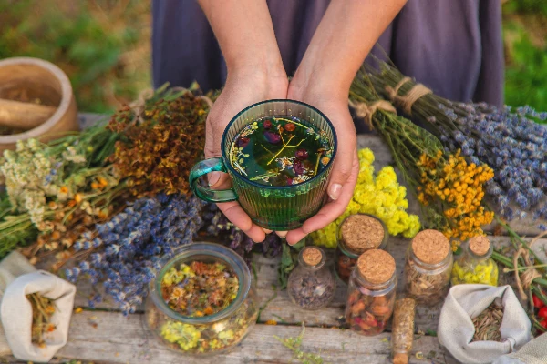 woman brews herbal tea with herbs