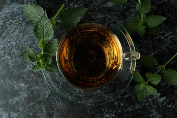 cup of nettle tea with nettle leafs on table