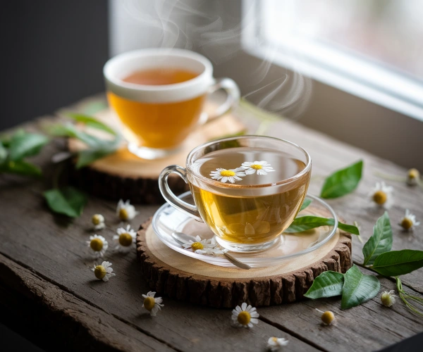 green tea and chamomile tea in window